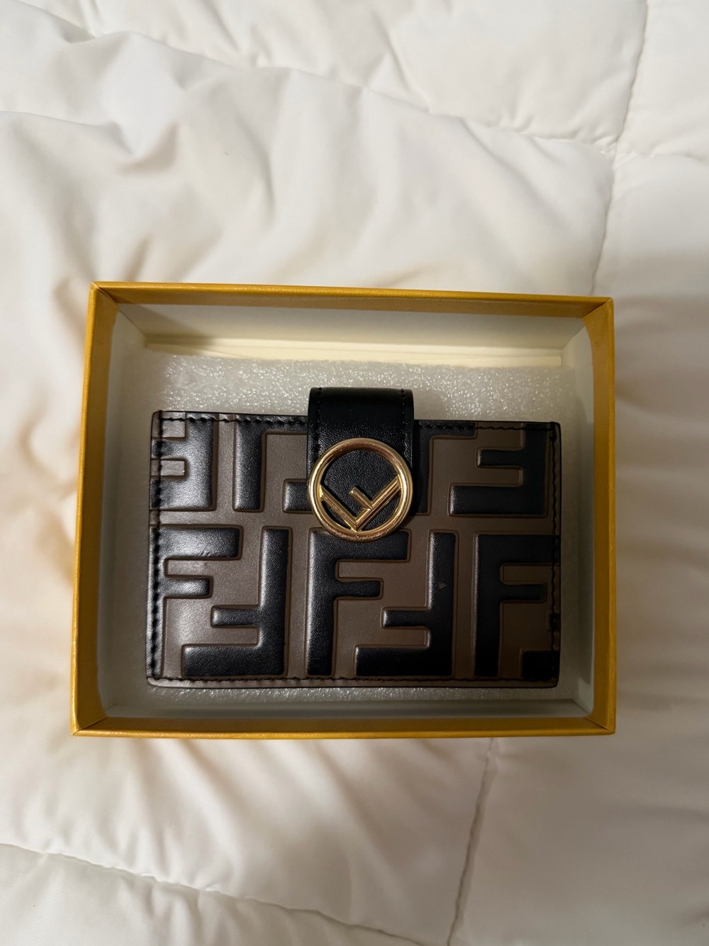 Fendi Brown and Black FF Logo Leather Card Wallet with Gold Emblem